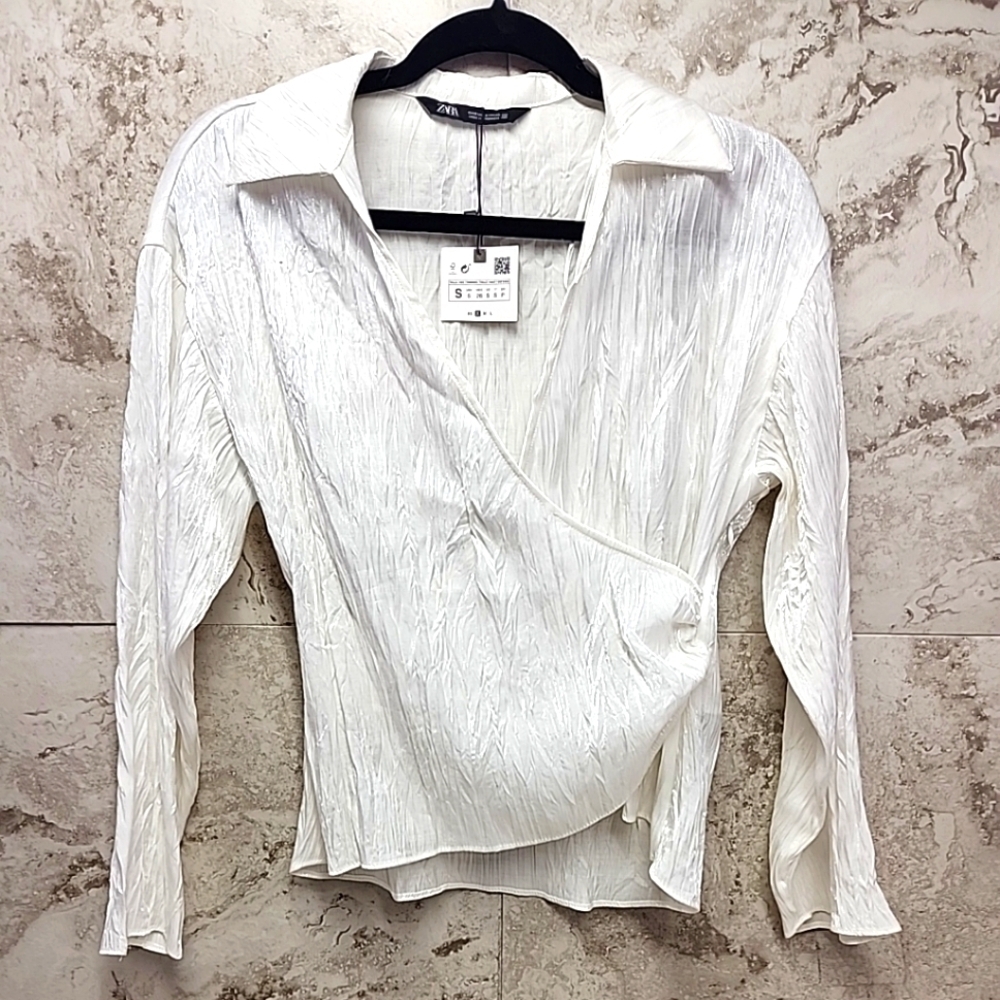 Zara Blouse Womens Small Ivory Mock Wrap Long Sleeve Crinkly Shine Shirt Modern